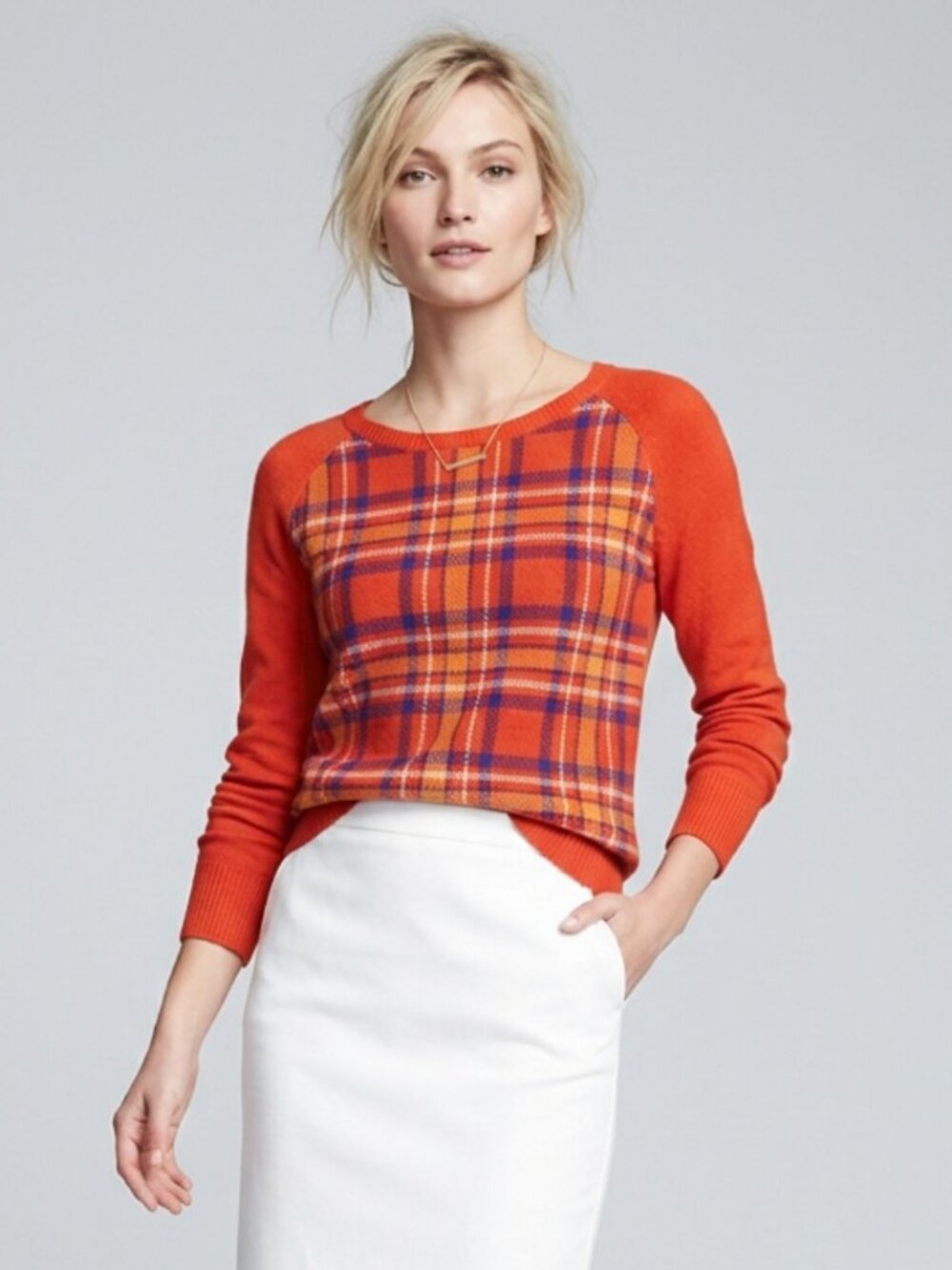MERONA | Orange Plaid Crewneck Knit Sweater Sz L